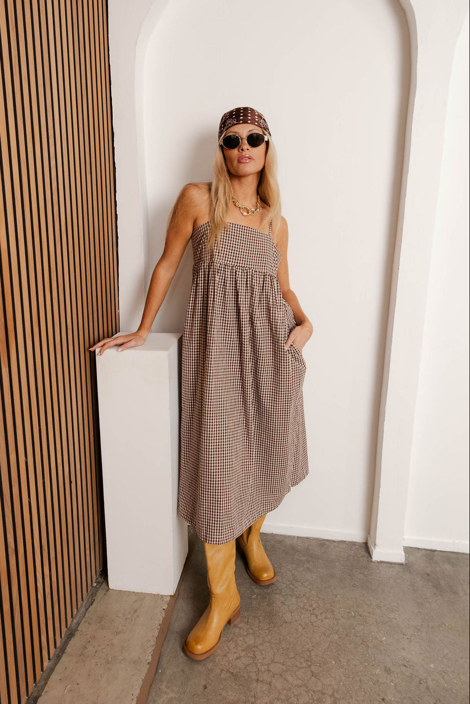 Maxine Brown & Cream Gingham Midi Dress