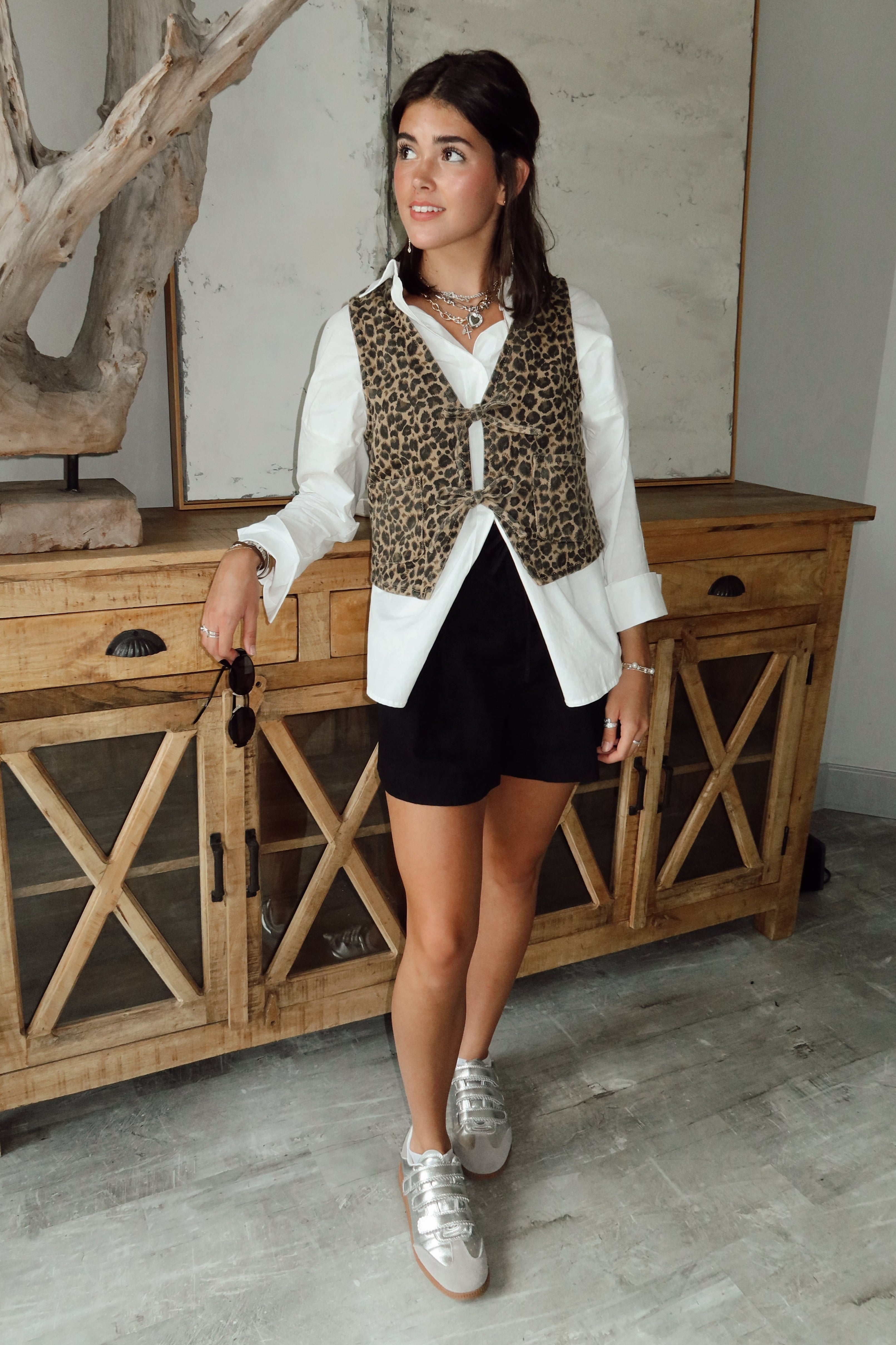 Vera Leopard Front Ties Vest- full body view