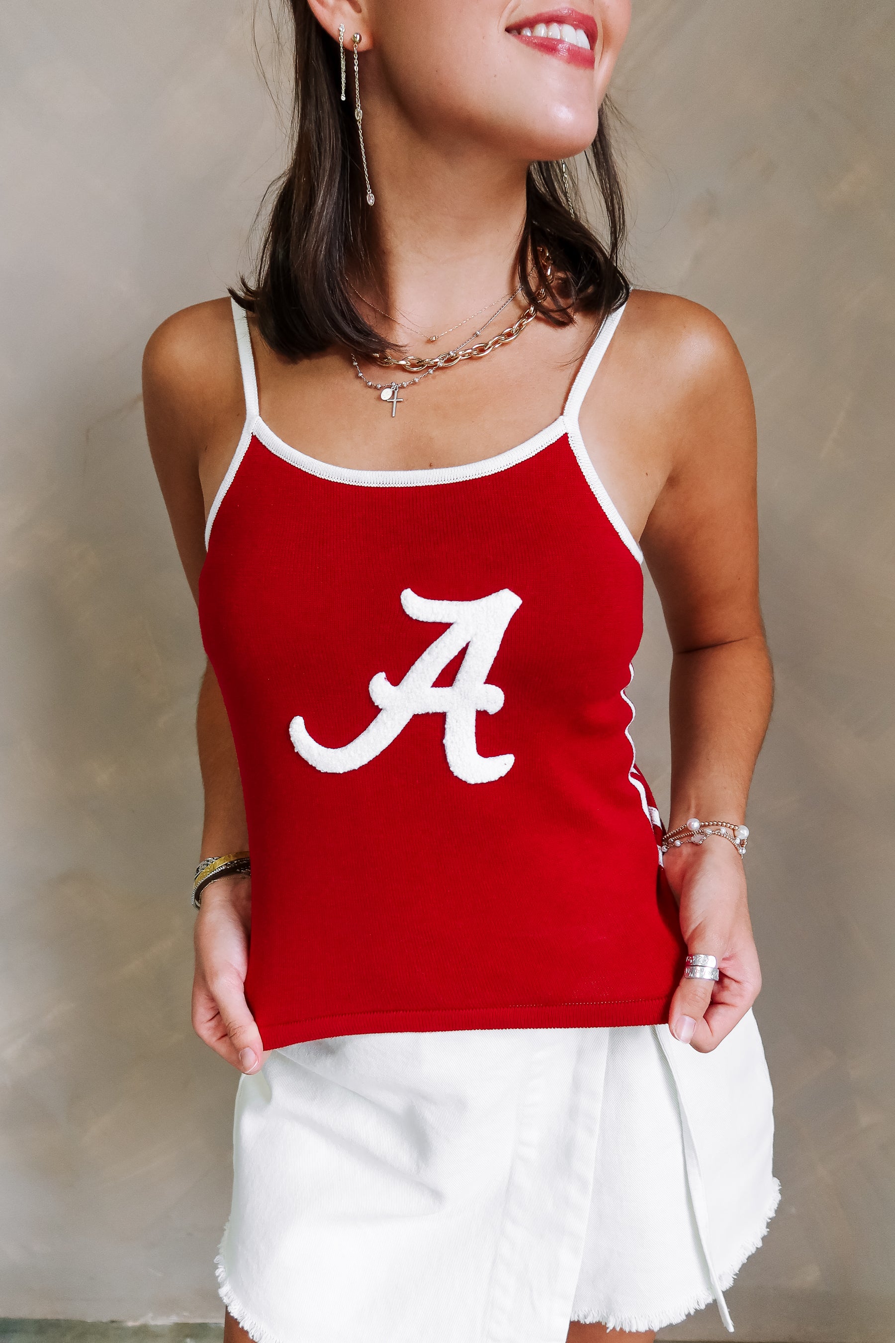Danica Maroon & White "A" Graphic Tank- close up top view