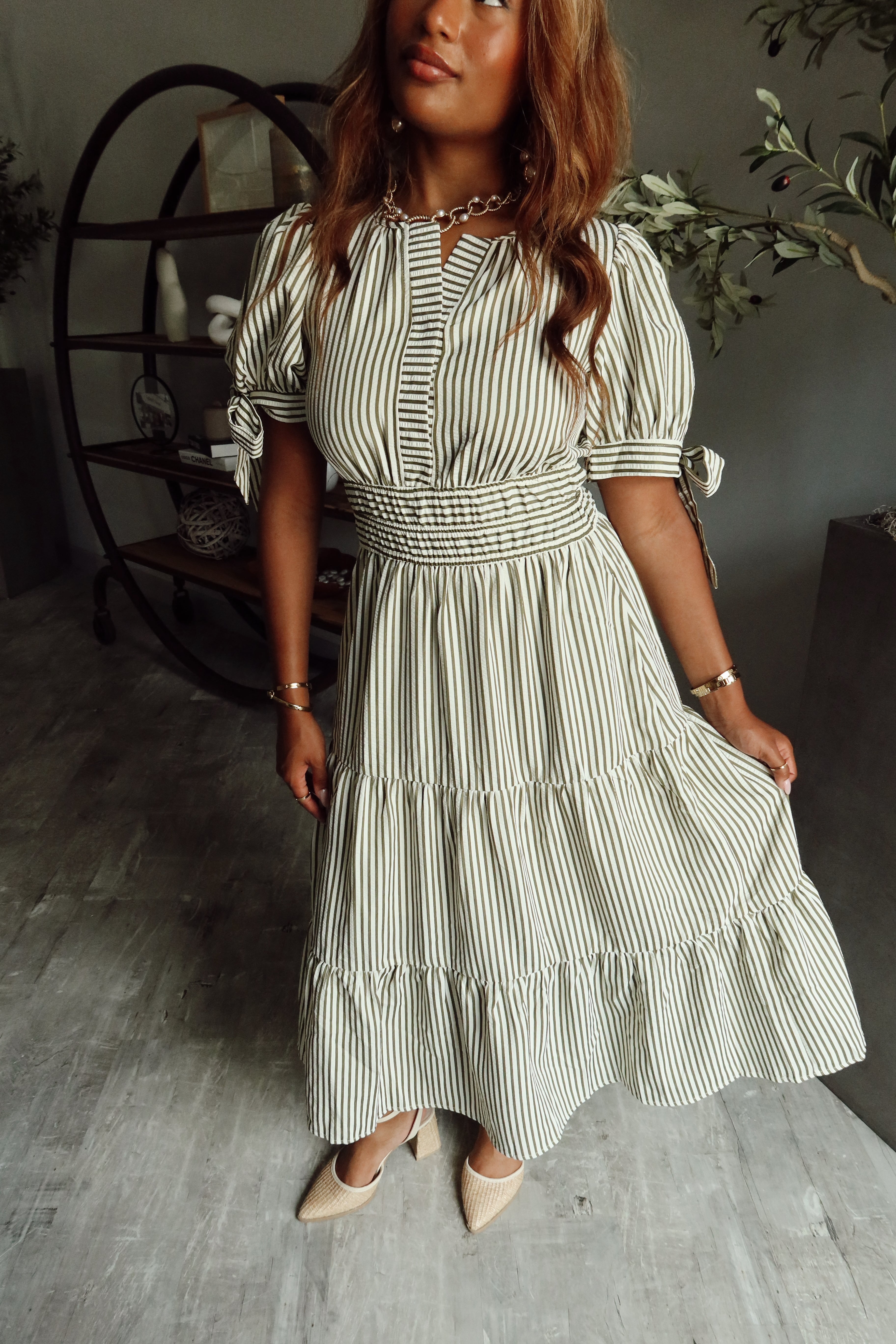 Raelyn Green & White Stripe Midi Dress- close up front view
