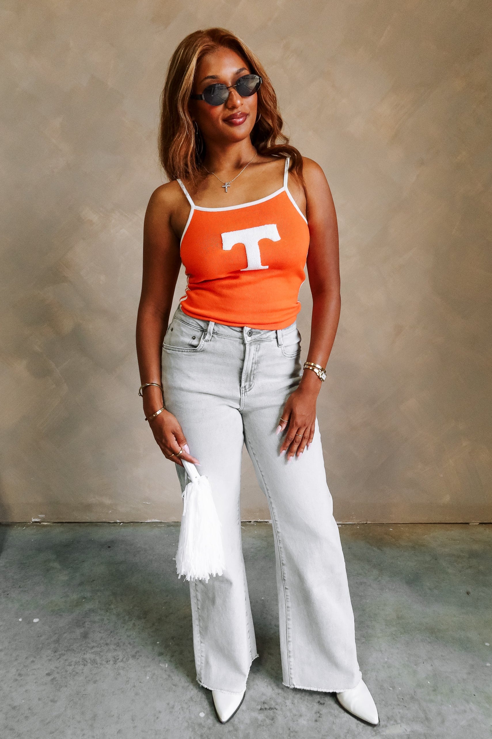 Danica Orange & White "T" Graphic Tank- full body view