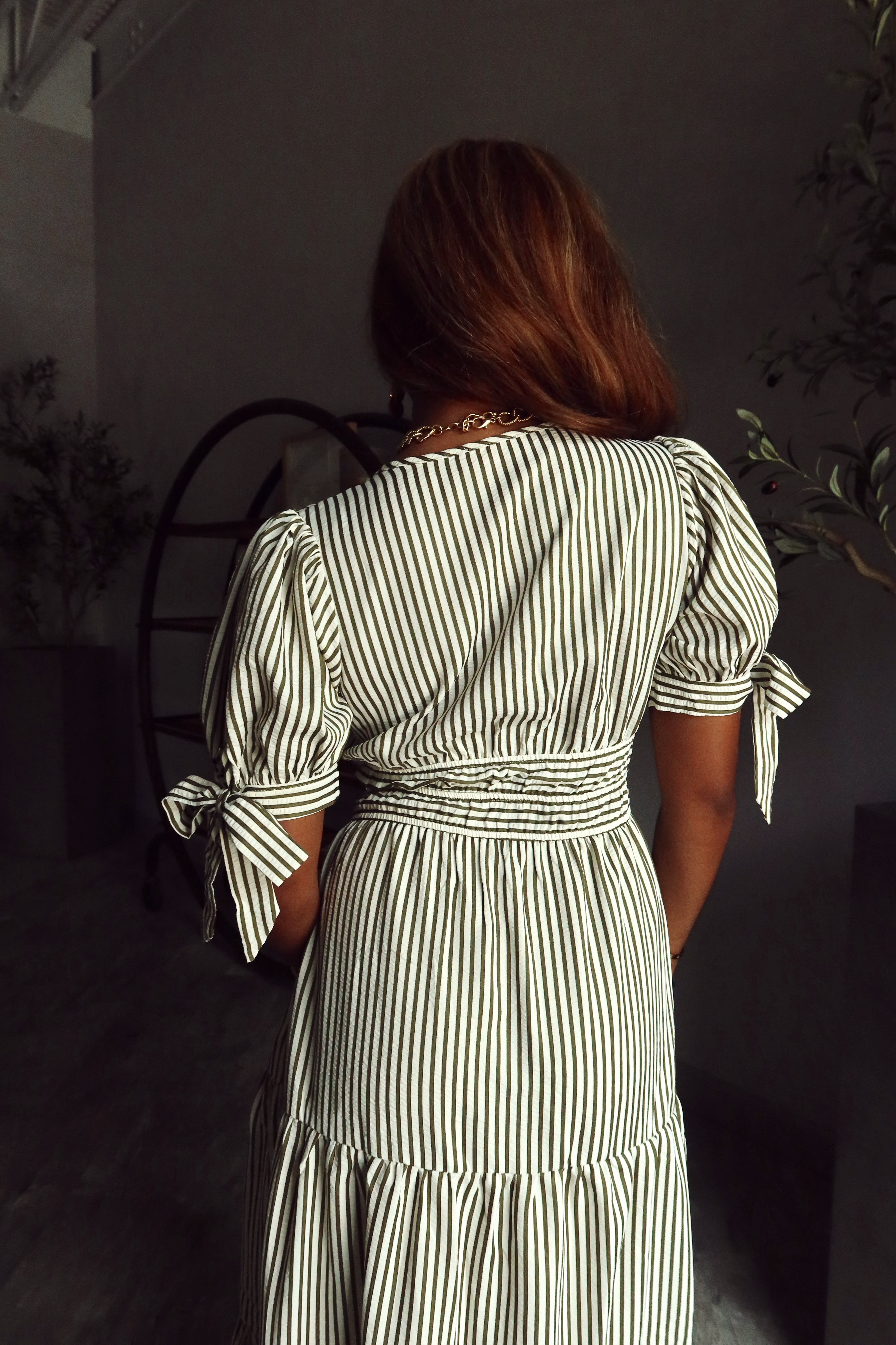Raelyn Green & White Stripe Midi Dress- close up back view