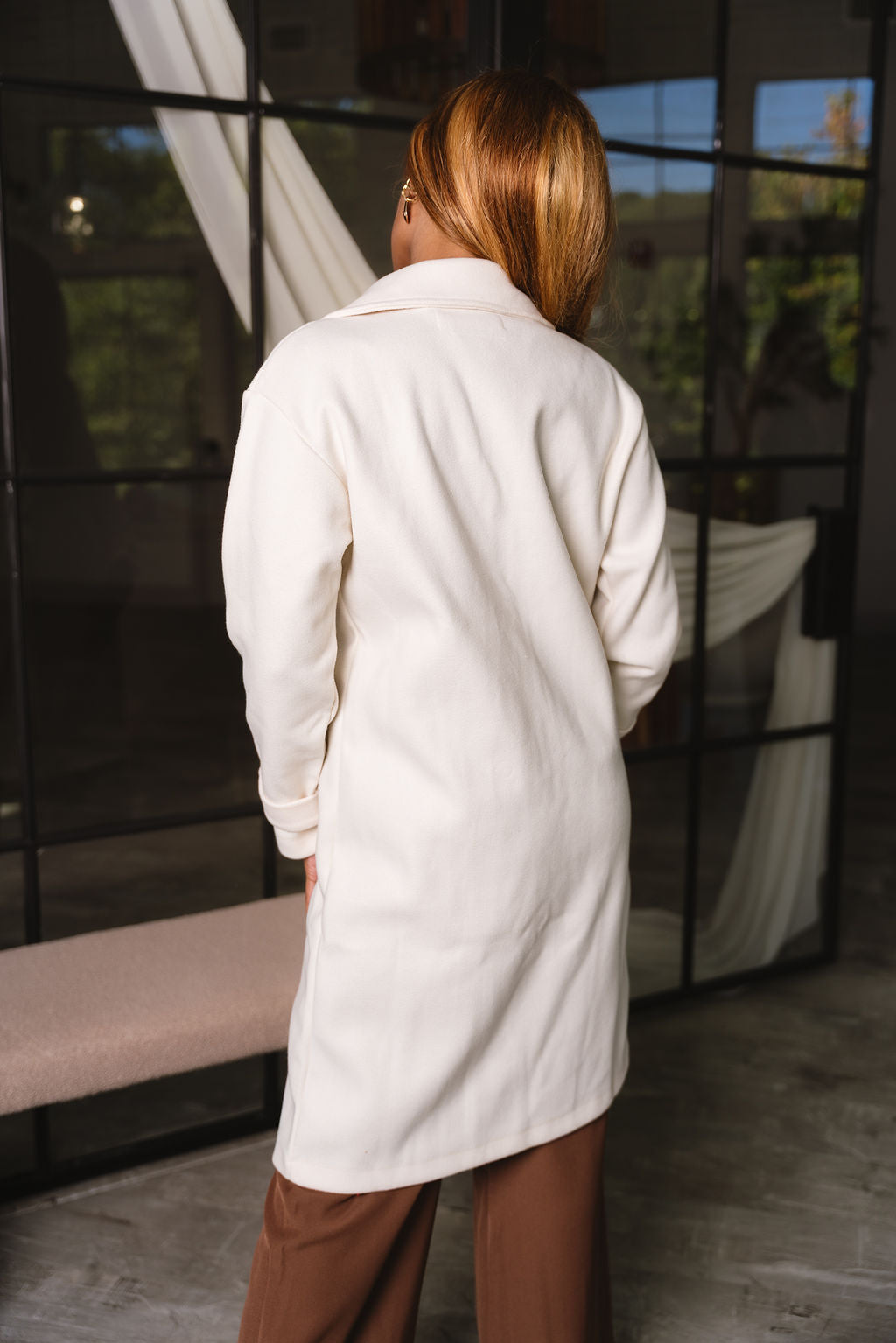 Ava Ivory Button-Up Midi Coat- back view