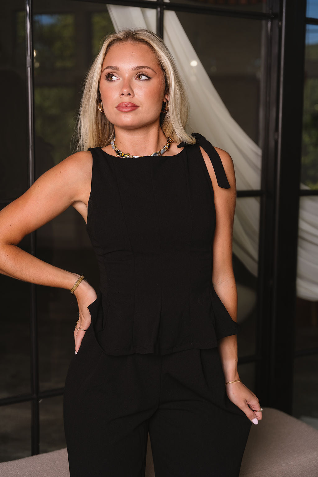 Isla Black Tie Flare Tank- front top view