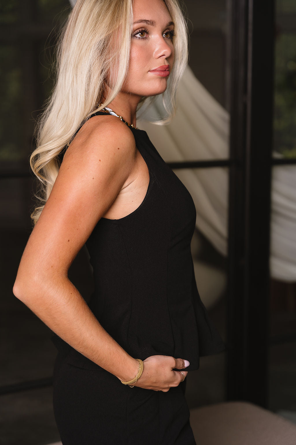 Isla Black Tie Flare Tank- close up side view