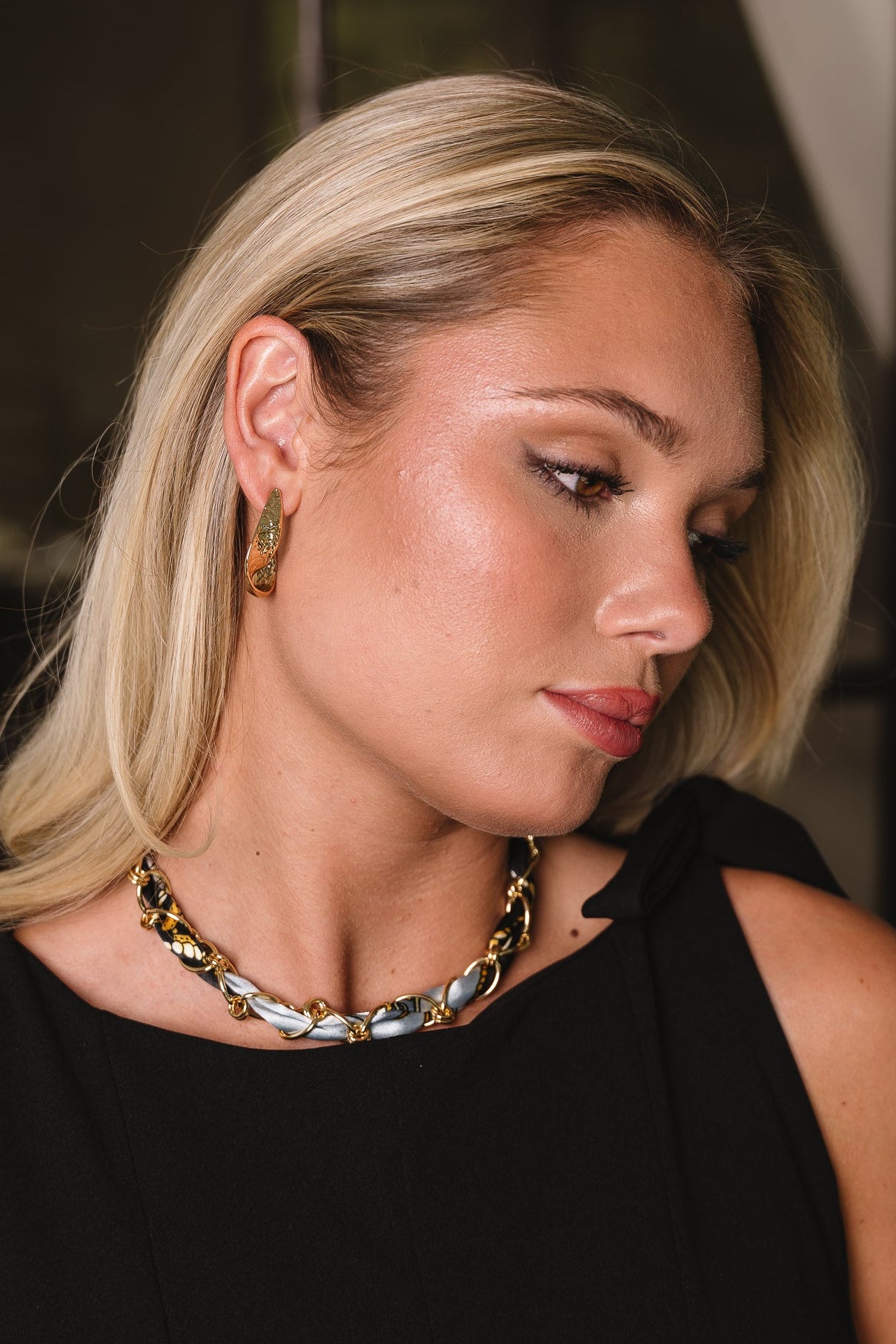 Penelope Black Multi Scarf & Chain Necklace - front view on model