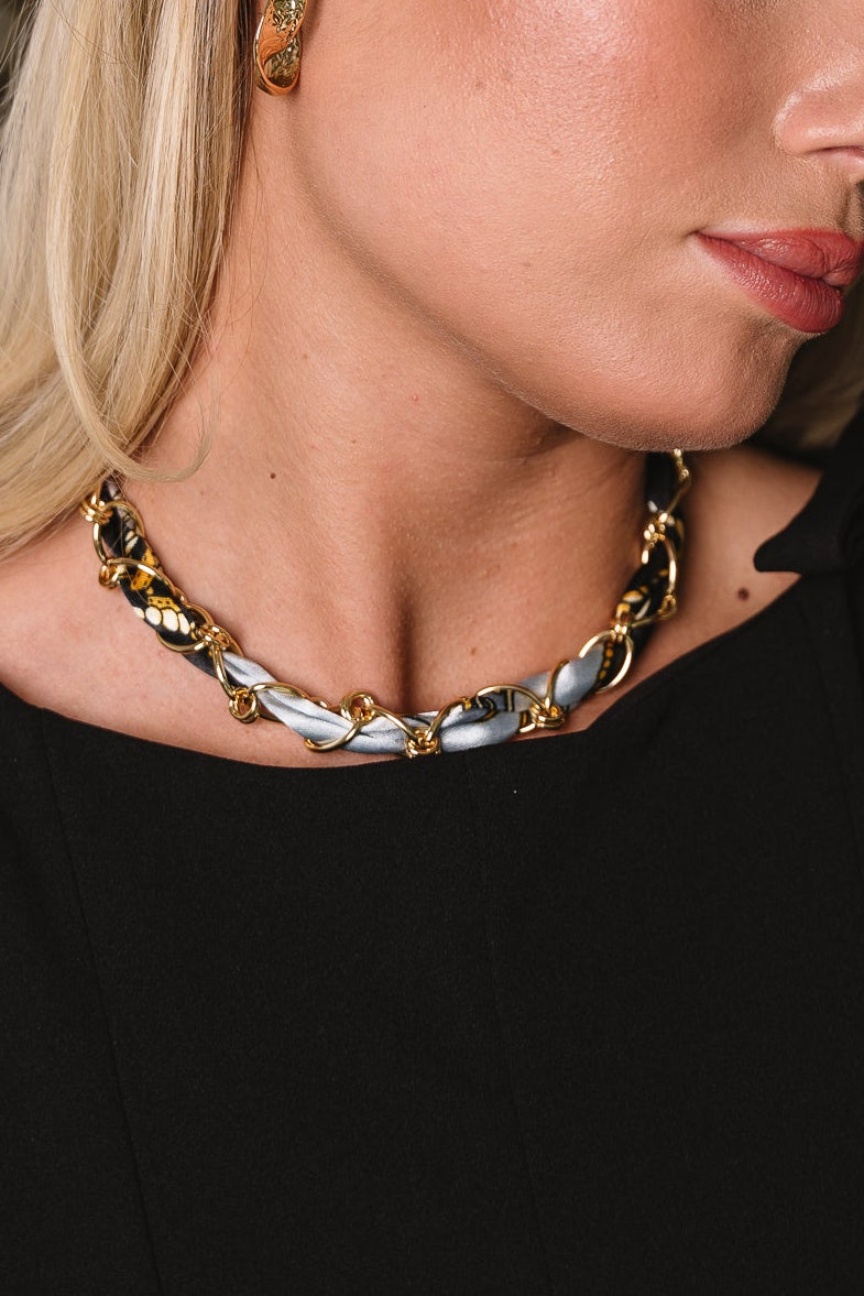 Penelope Black Multi Scarf & Chain Necklace - close up view on model