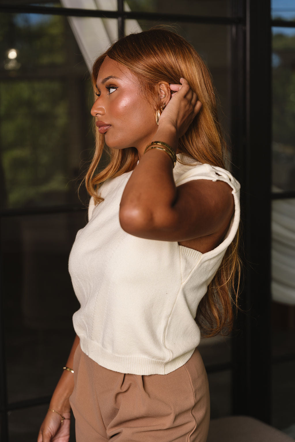 Maria Soft Cream Braided Sleeveless Sweater- close up frontal side view