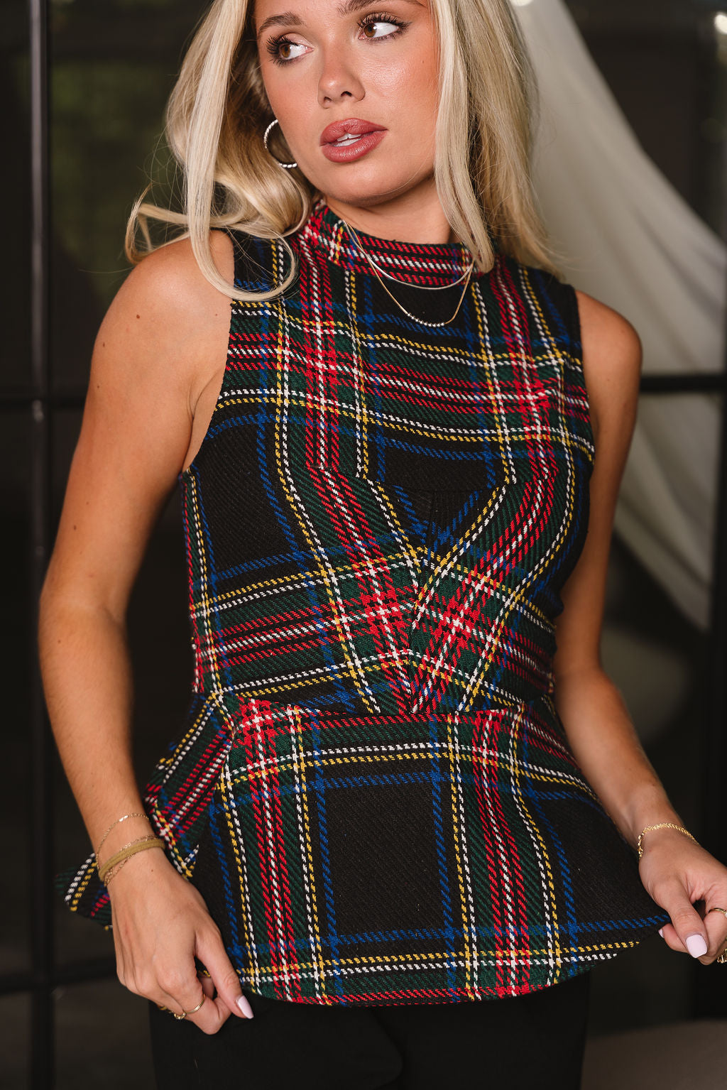 Kennedy Black Multi Plaid Flare Tank- close up details view