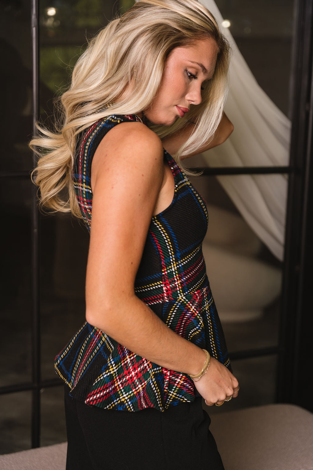 Kennedy Black Multi Plaid Flare Tank- full side view