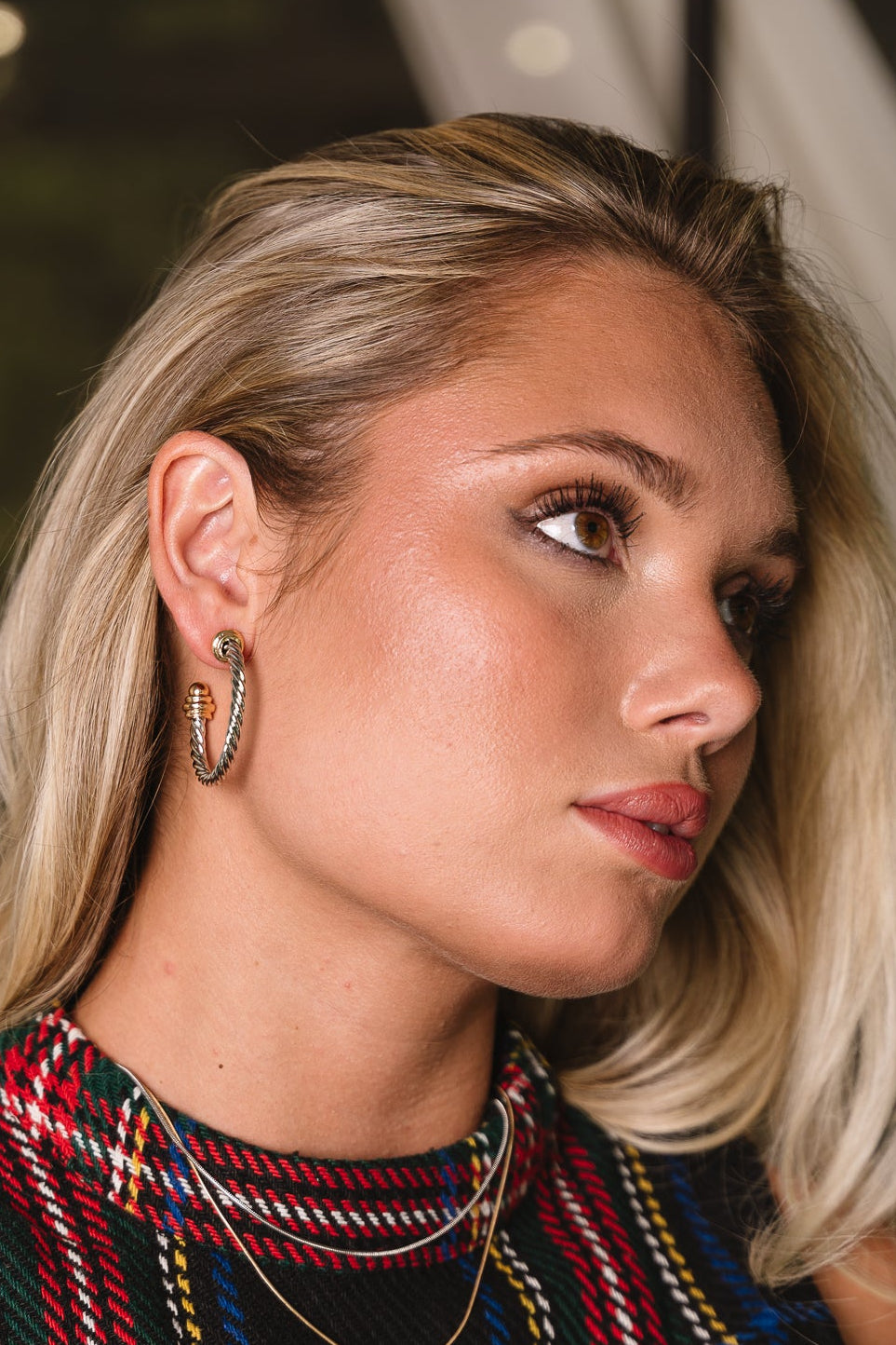 Averie Mixed Metal Twisted Hoop Earrings - side view on model