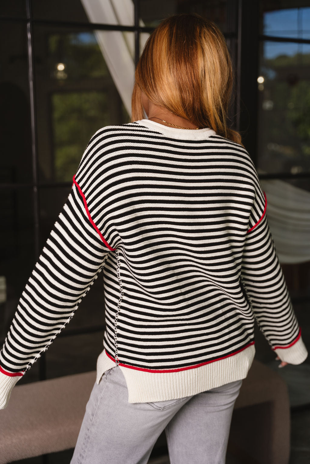 Vivian Black & Red Striped Long Sleeve Sweater- back view