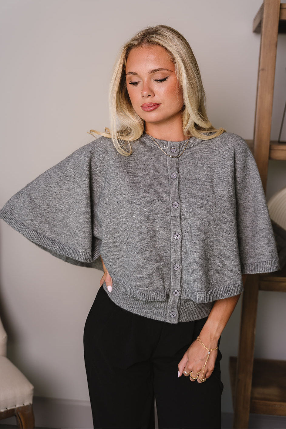 Mila Heather Grey Knit Cape Cardigan- front top view