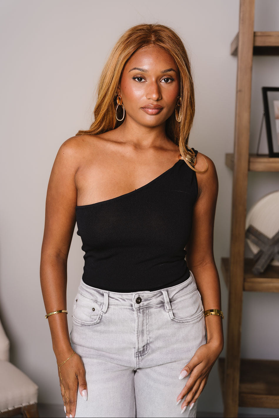 Eva Black & Gold One-Shoulder Tank- close up front view