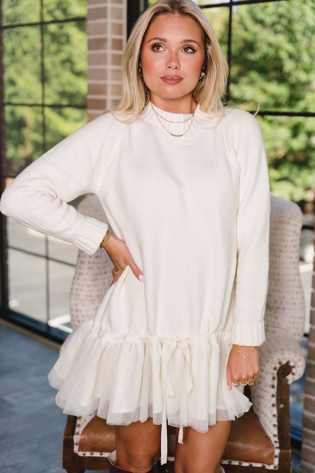 Jodi Cream Drop Waist Mini Dress - front view