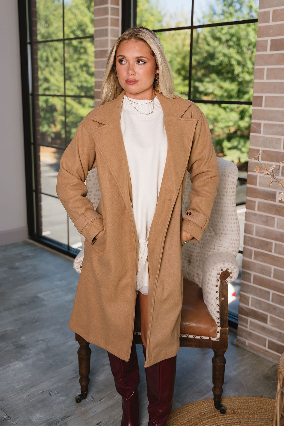 Ava Camel Button-Up Midi Coat - front view