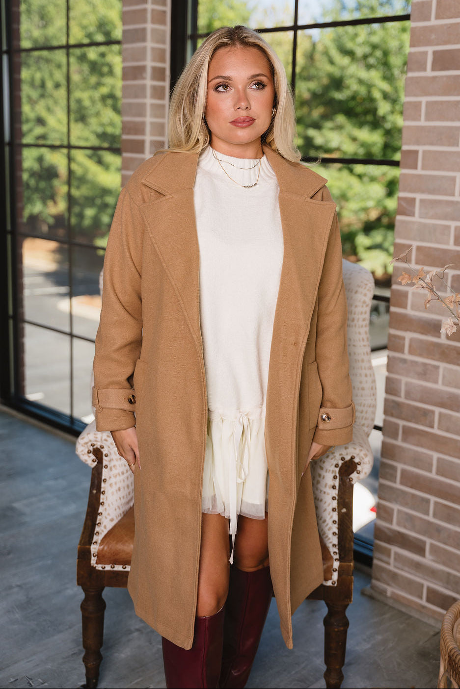 Ava Camel Button-Up Midi Coat - front