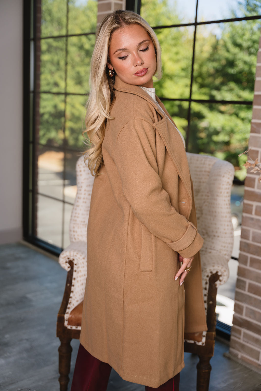 Ava Camel Button-Up Midi Coat - side