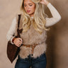 Cadie Taupe Faux Fur Vest - front view (belted)