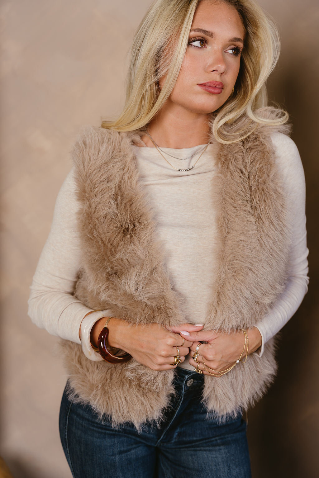 Cadie Taupe Faux Fur Vest - close front view