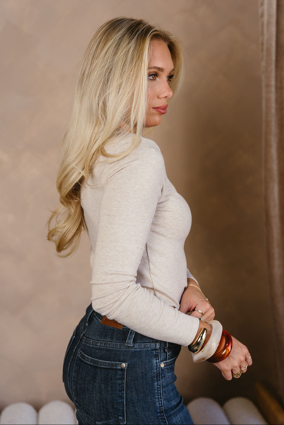 Willa Oatmeal High Neck Top- back view