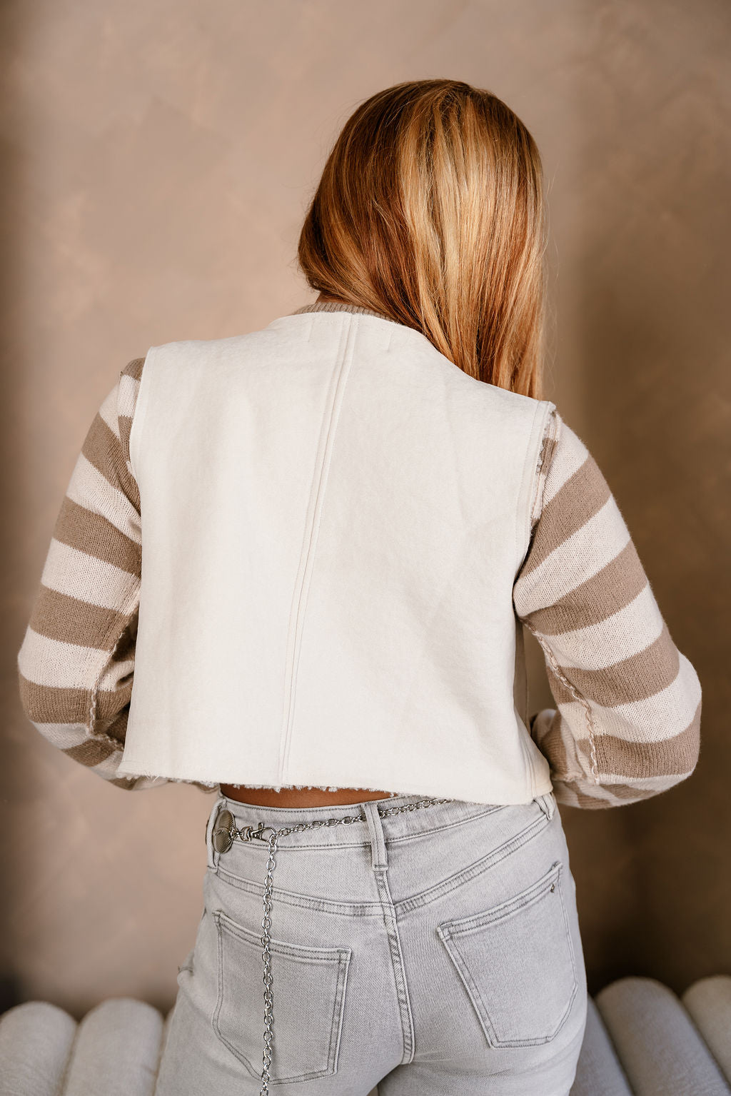 Jocelyn Beige Suede & Shearling Vest- back view