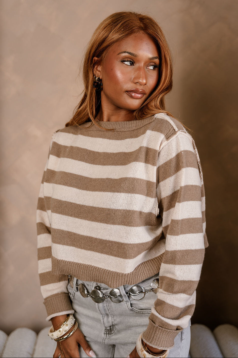 Charlee Taupe & Cream Stripe Sweater- front side view