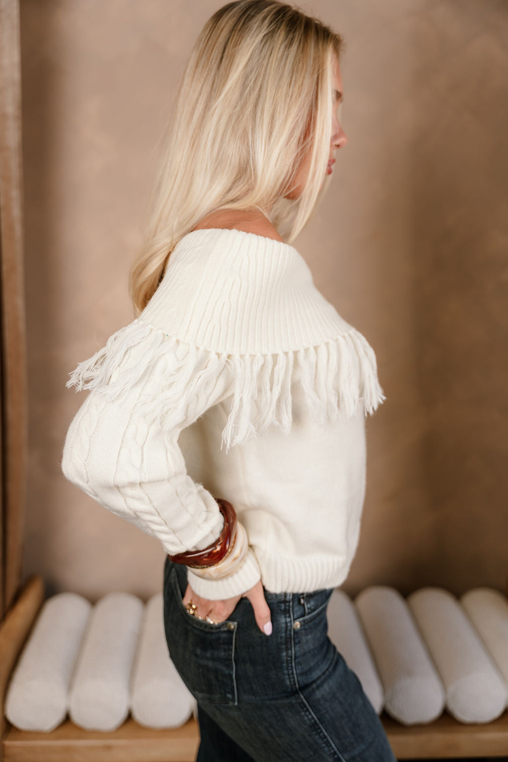 Raya Ivory Fringe Off-The-Shoulder Sweater- top side view