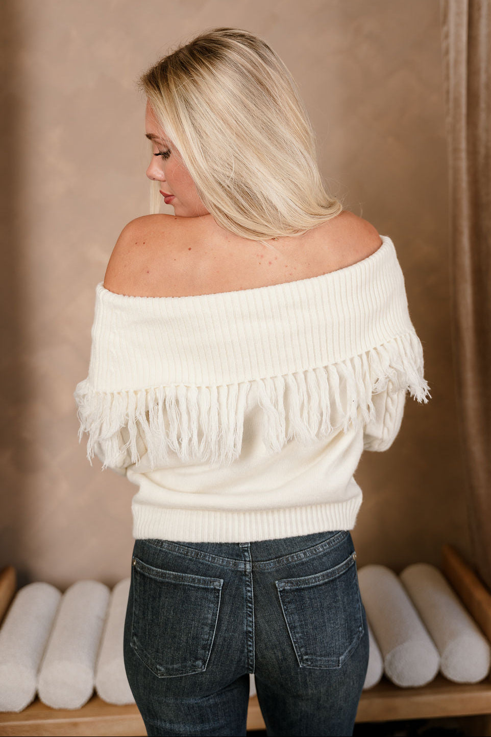 Raya Ivory Fringe Off-The-Shoulder Sweater- close up back view