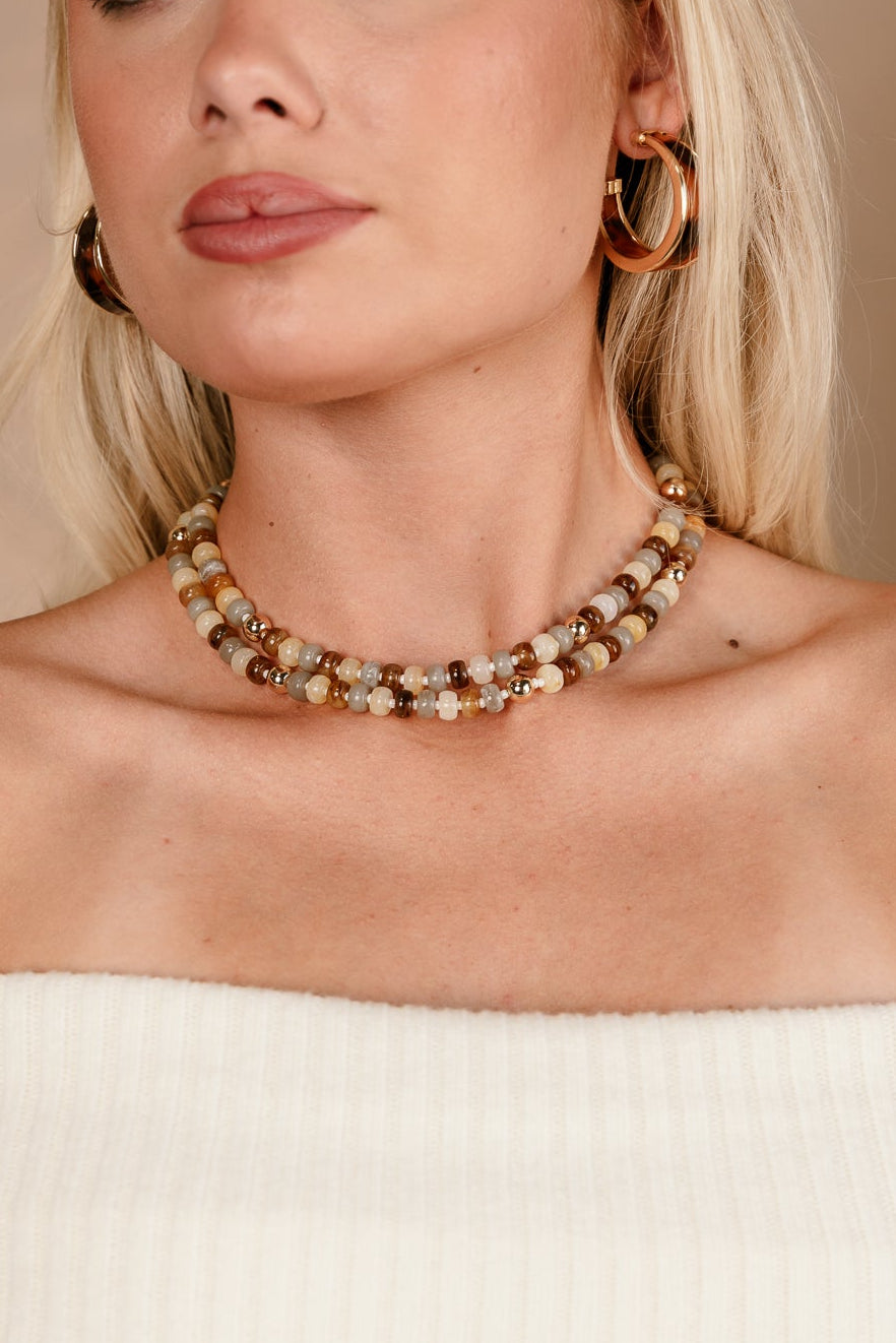 Amani Multi Beaded Necklace - close up view on model