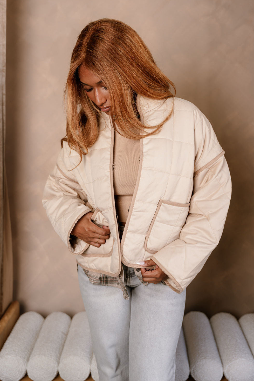 Danna Beige Quilt Puffer Jacket- front top view