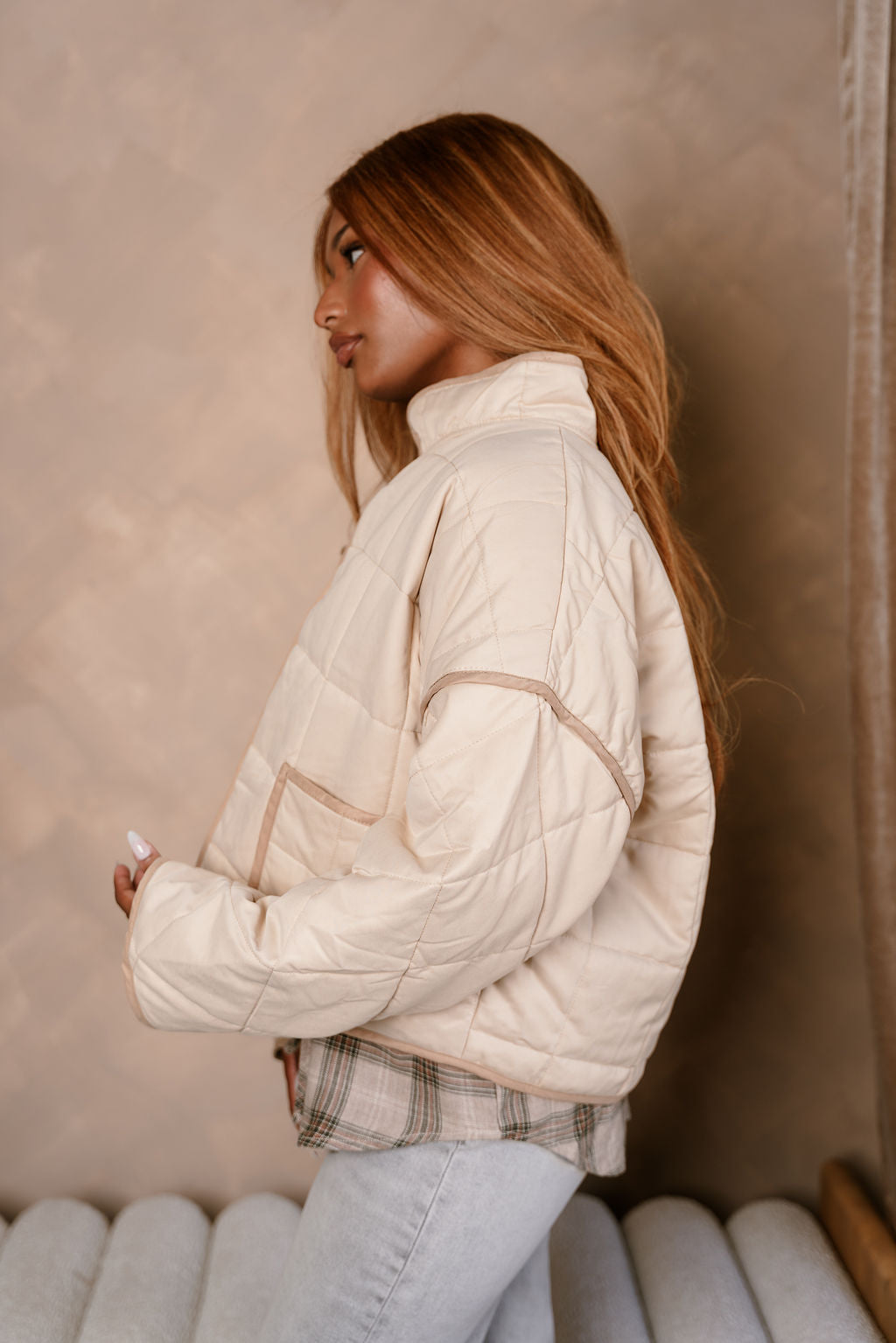 Danna Beige Quilt Puffer Jacket- side view