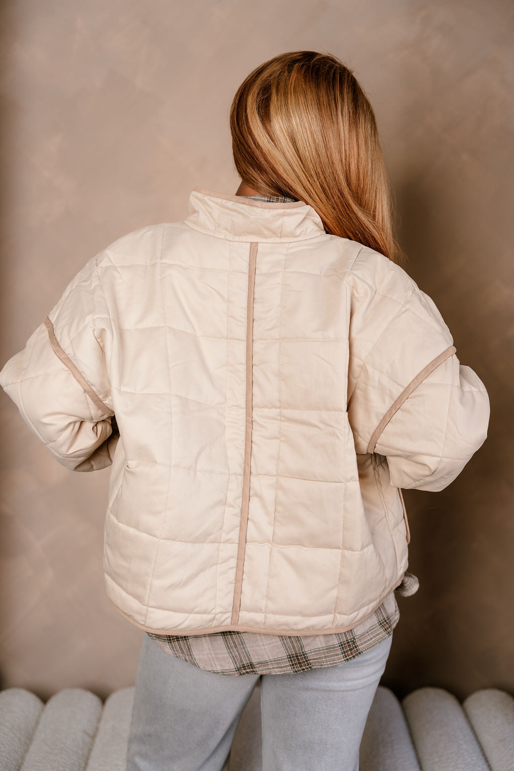 Danna Beige Quilt Puffer Jacket- close up top back view