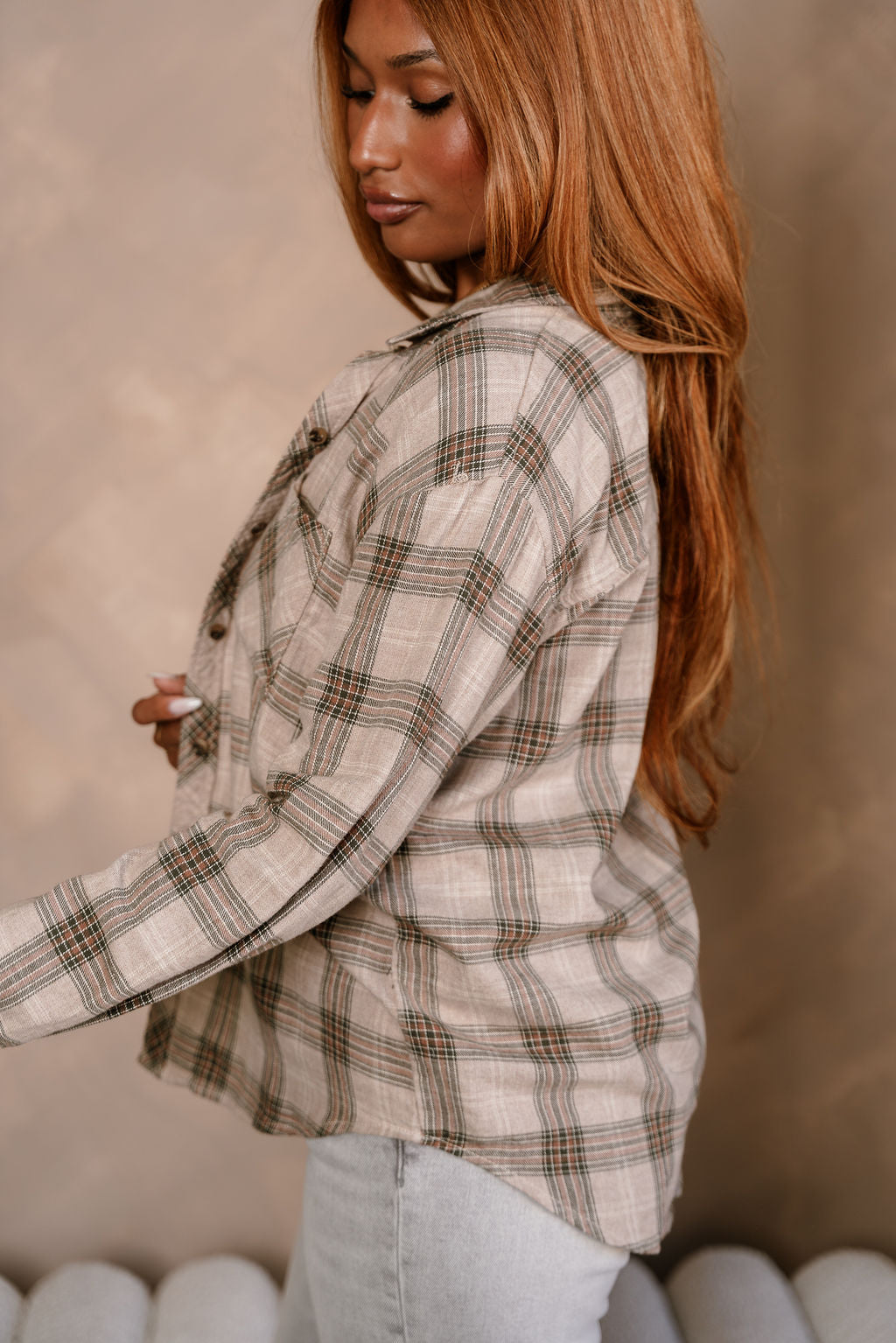 Kendall Taupe Multi Plaid Button-Up Top- side view