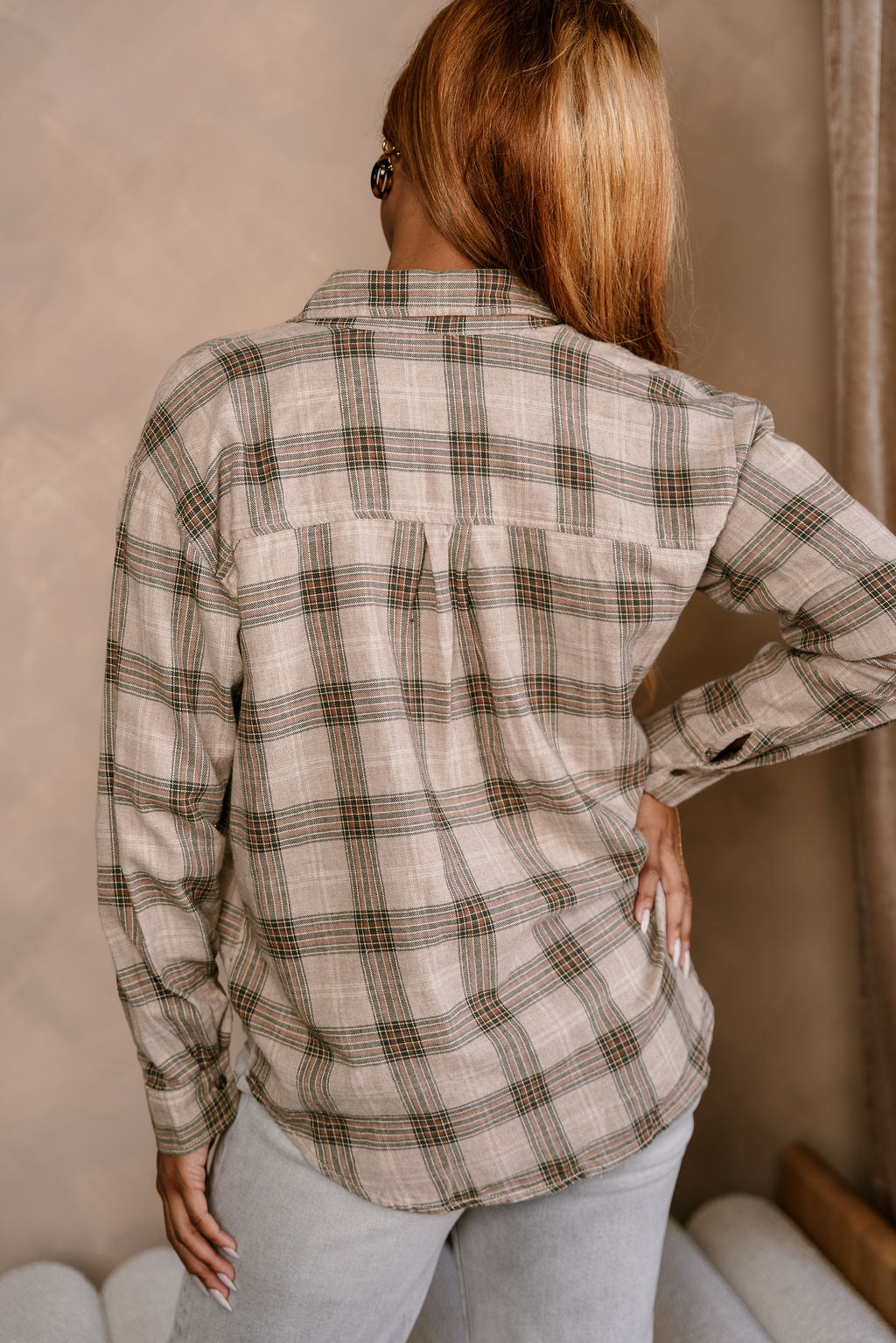 Kendall Taupe Multi Plaid Button-Up Top- close up back view