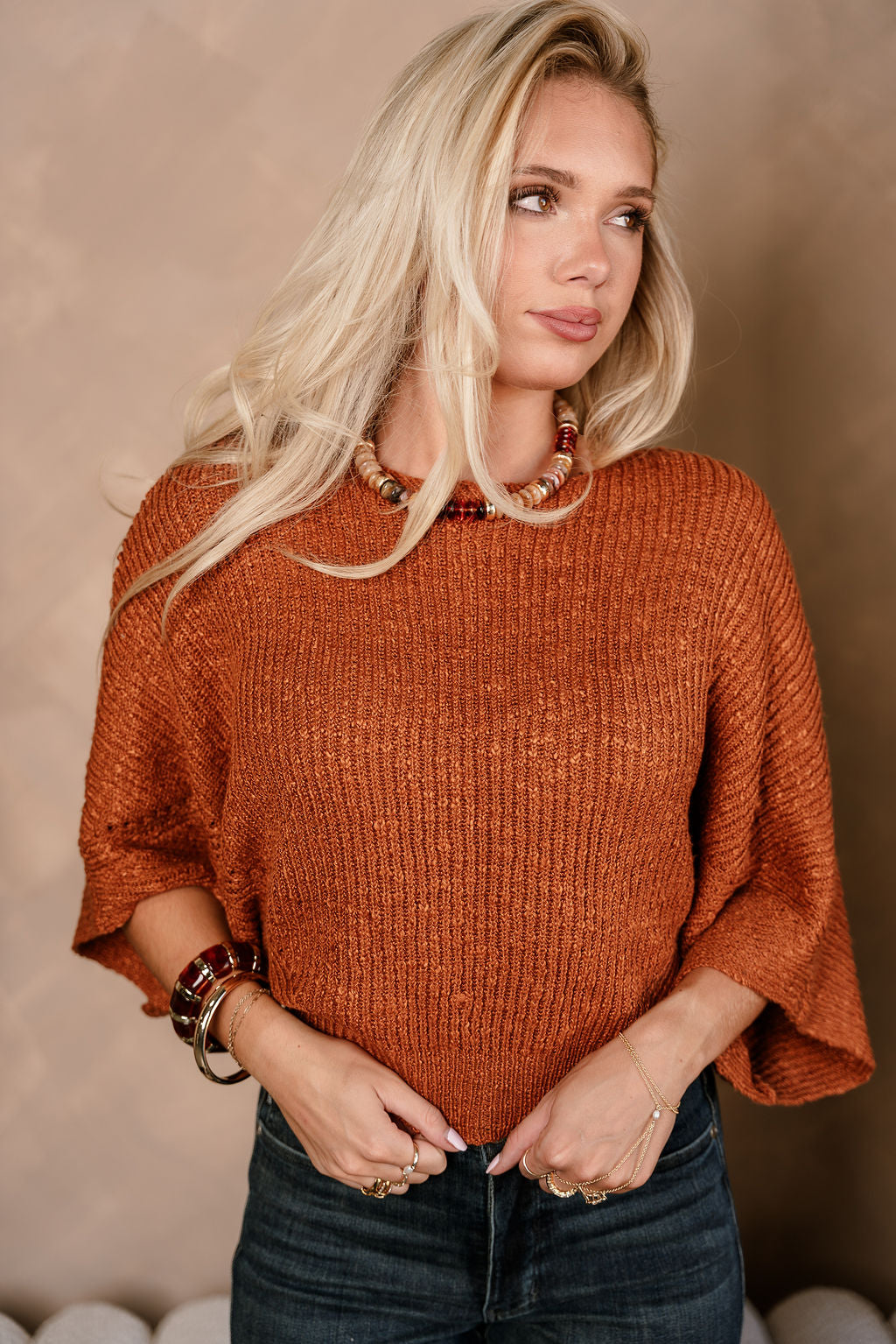 Blaire Rust Brown Knit Short Sleeve Sweater- front view