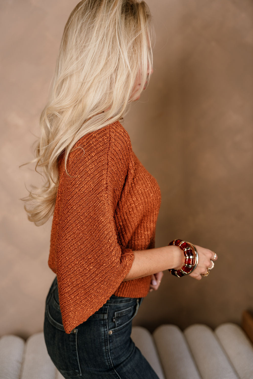 Blaire Rust Brown Knit Short Sleeve Sweater- side view