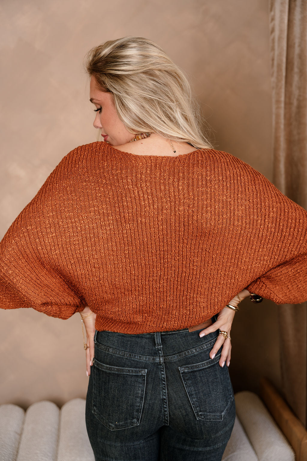 Blaire Rust Brown Knit Short Sleeve Sweater- top back view