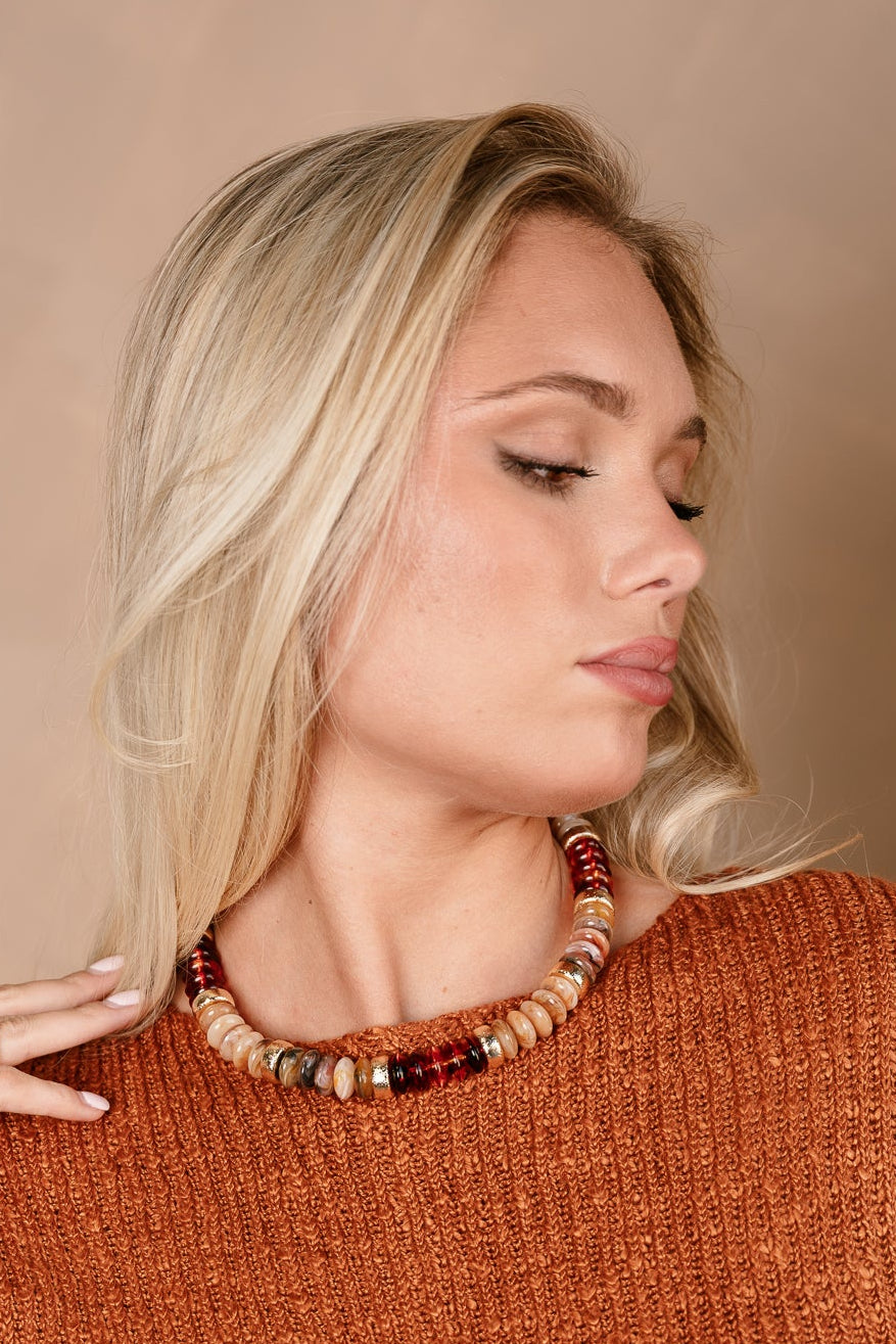 Liana Brown Multi Beaded Necklace - front view on model