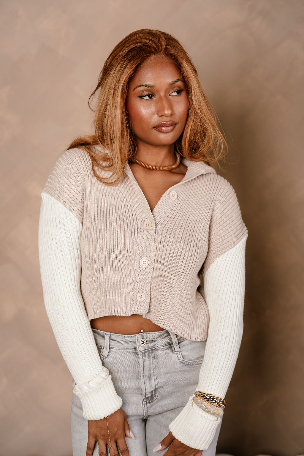 Liana Taupe & Cream Cable Knit Cardigan- front top view