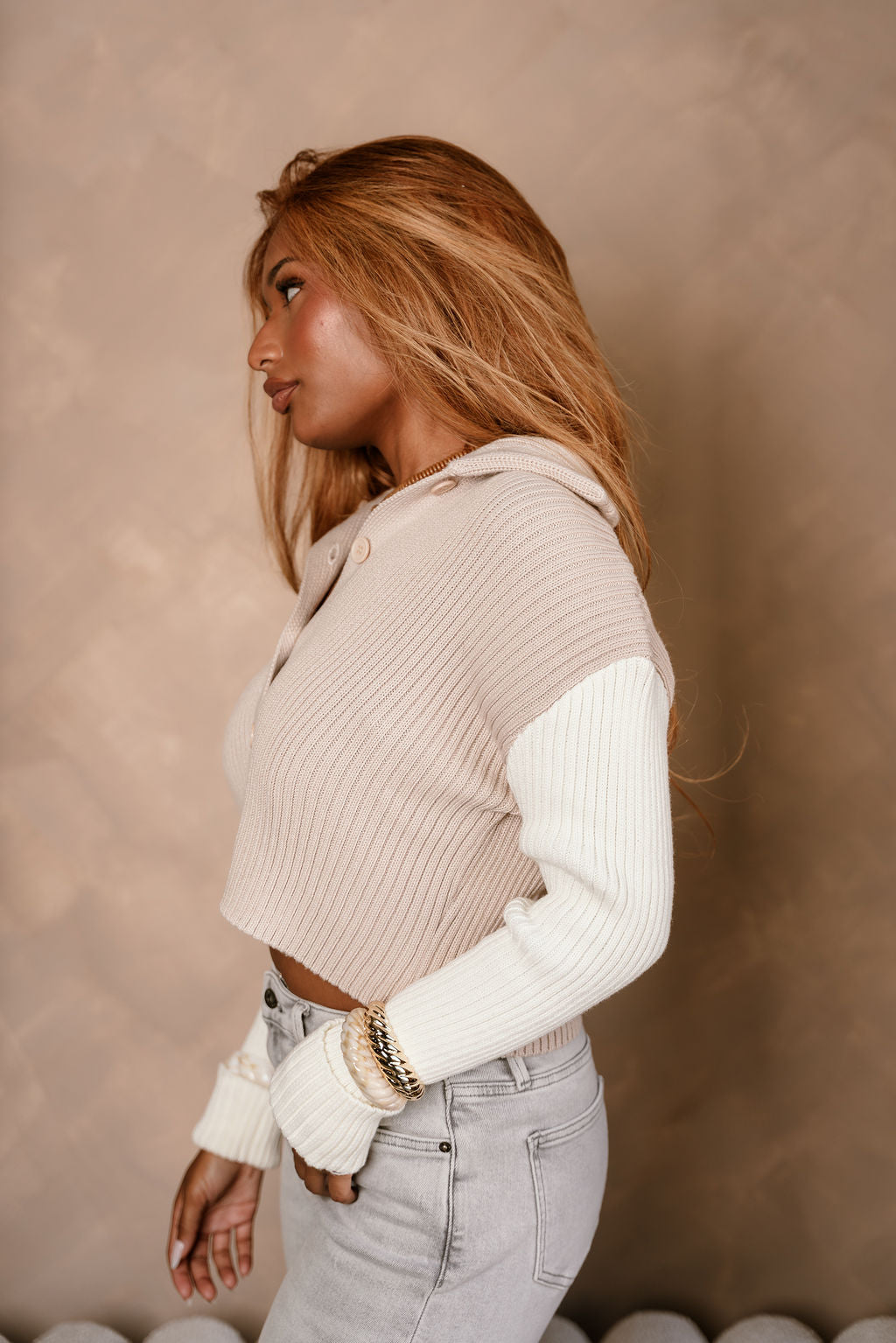 Liana Taupe & Cream Cable Knit Cardigan- side view