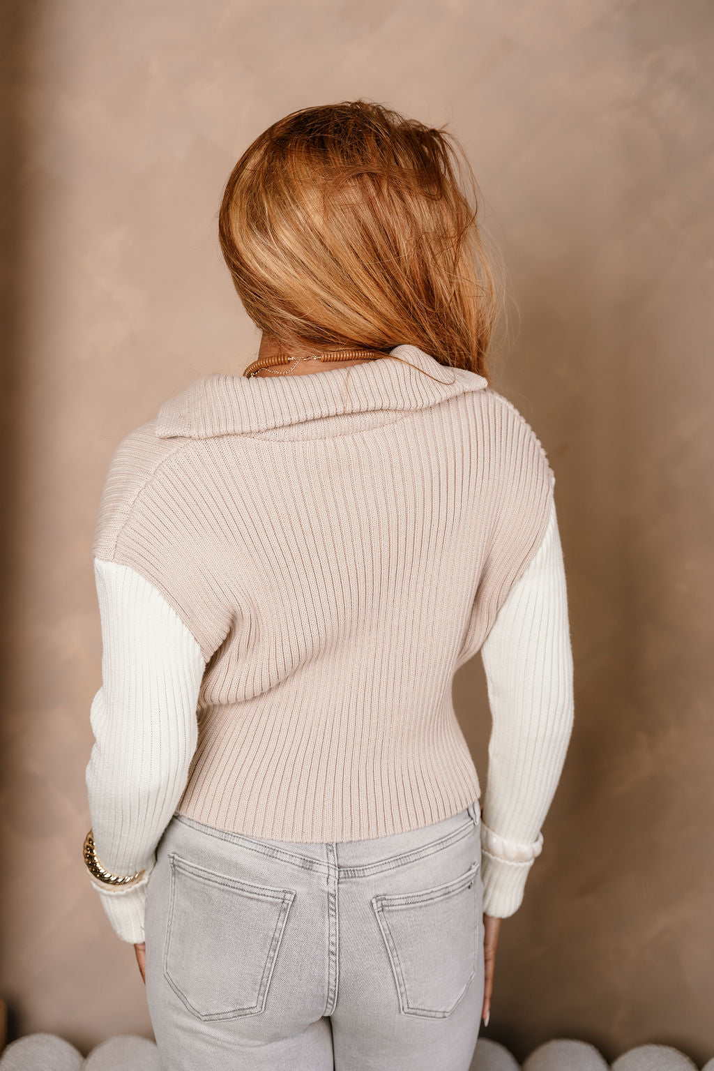 Liana Taupe & Cream Cable Knit Cardigan- top back view