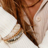 close up of Renee Beige & Gold Roped Bangle Set on model