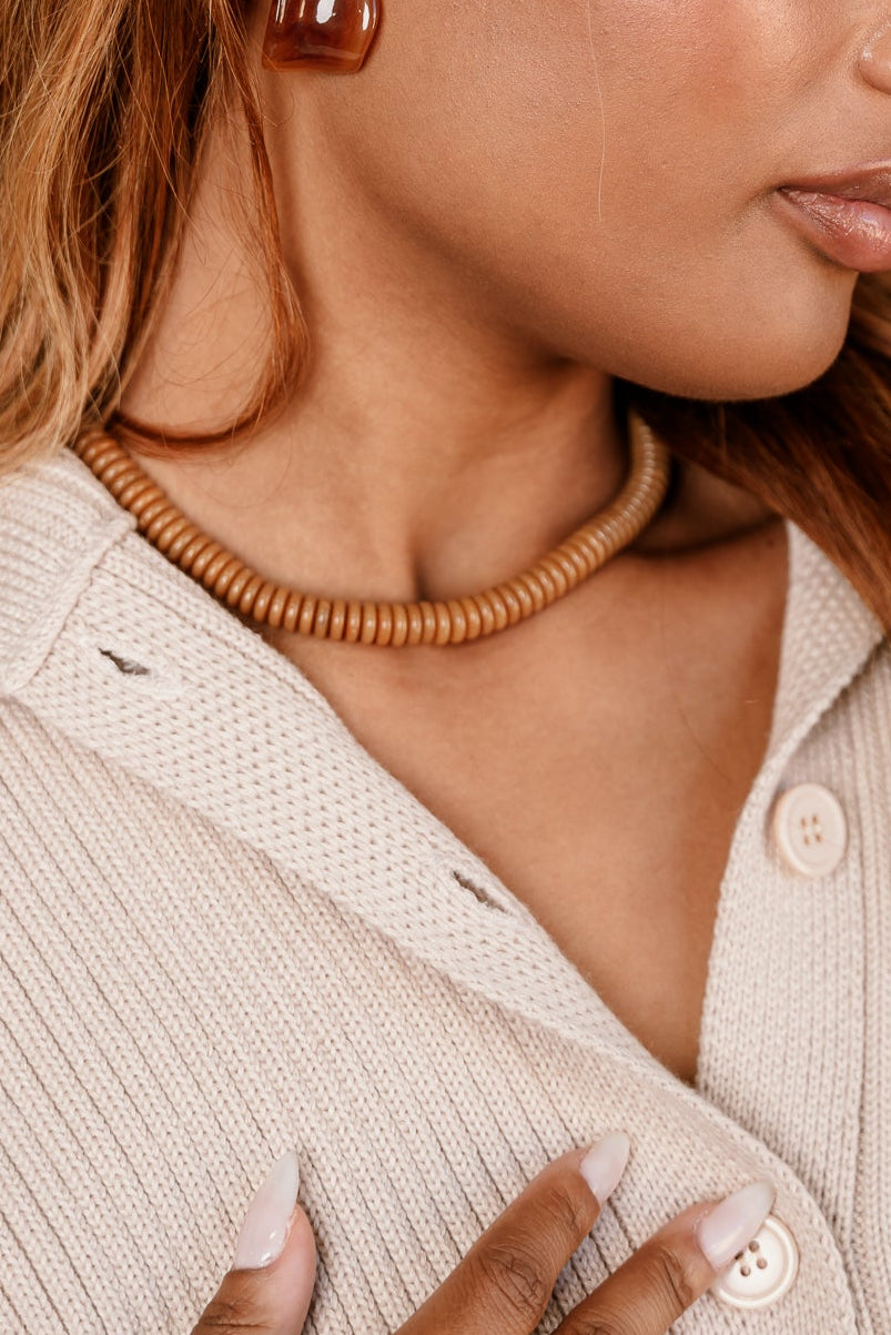 Harlow Brown Beaded Necklace - close up on model