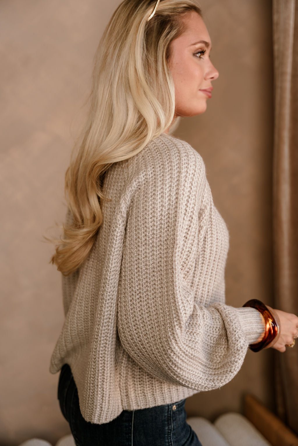 Leighton Light Mocha Cable Knit Cardigan- close up side view