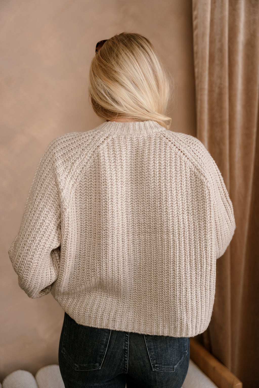Leighton Light Mocha Cable Knit Cardigan- close up back view