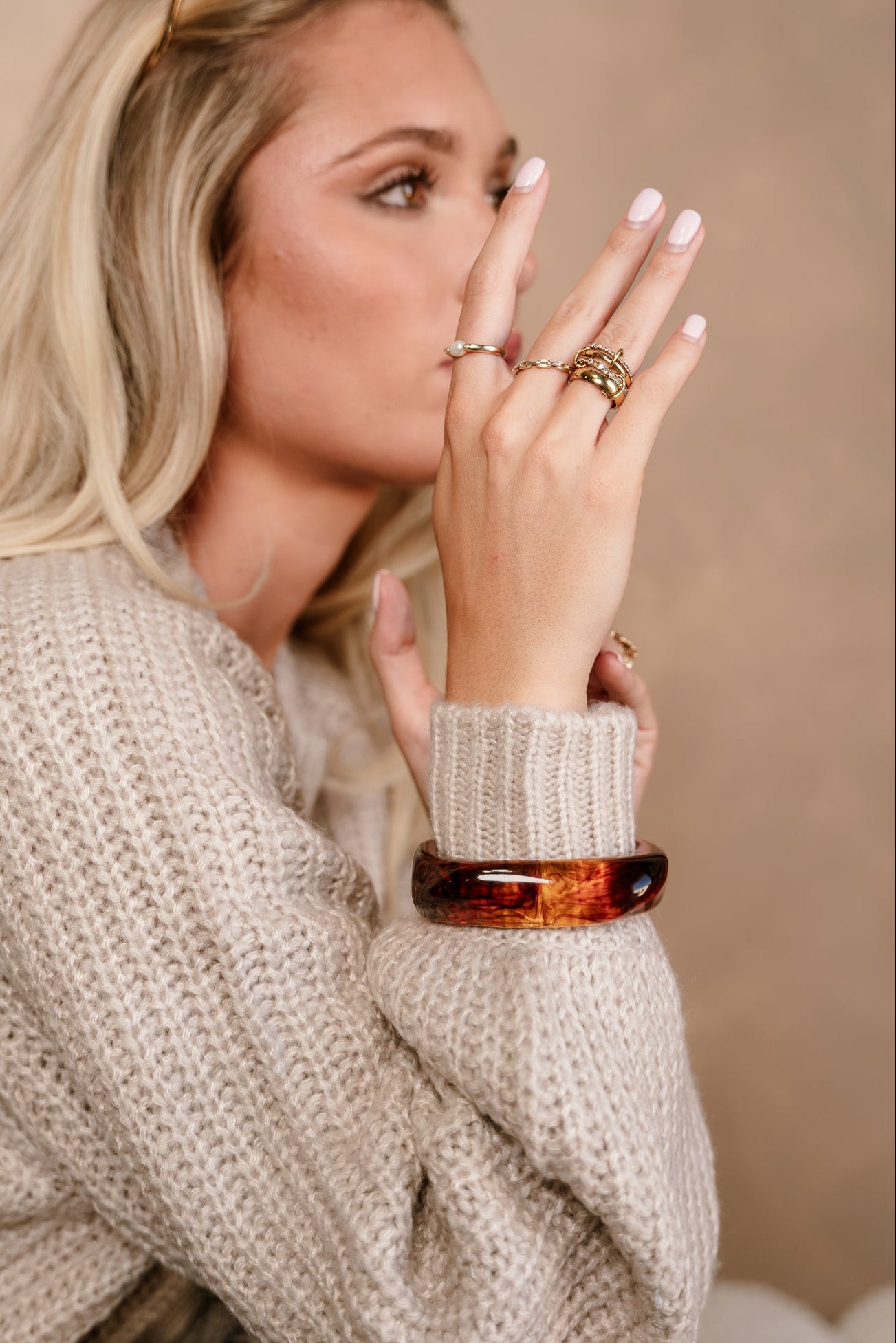 Polly Brown Marbled Square Bangle - on models wrist