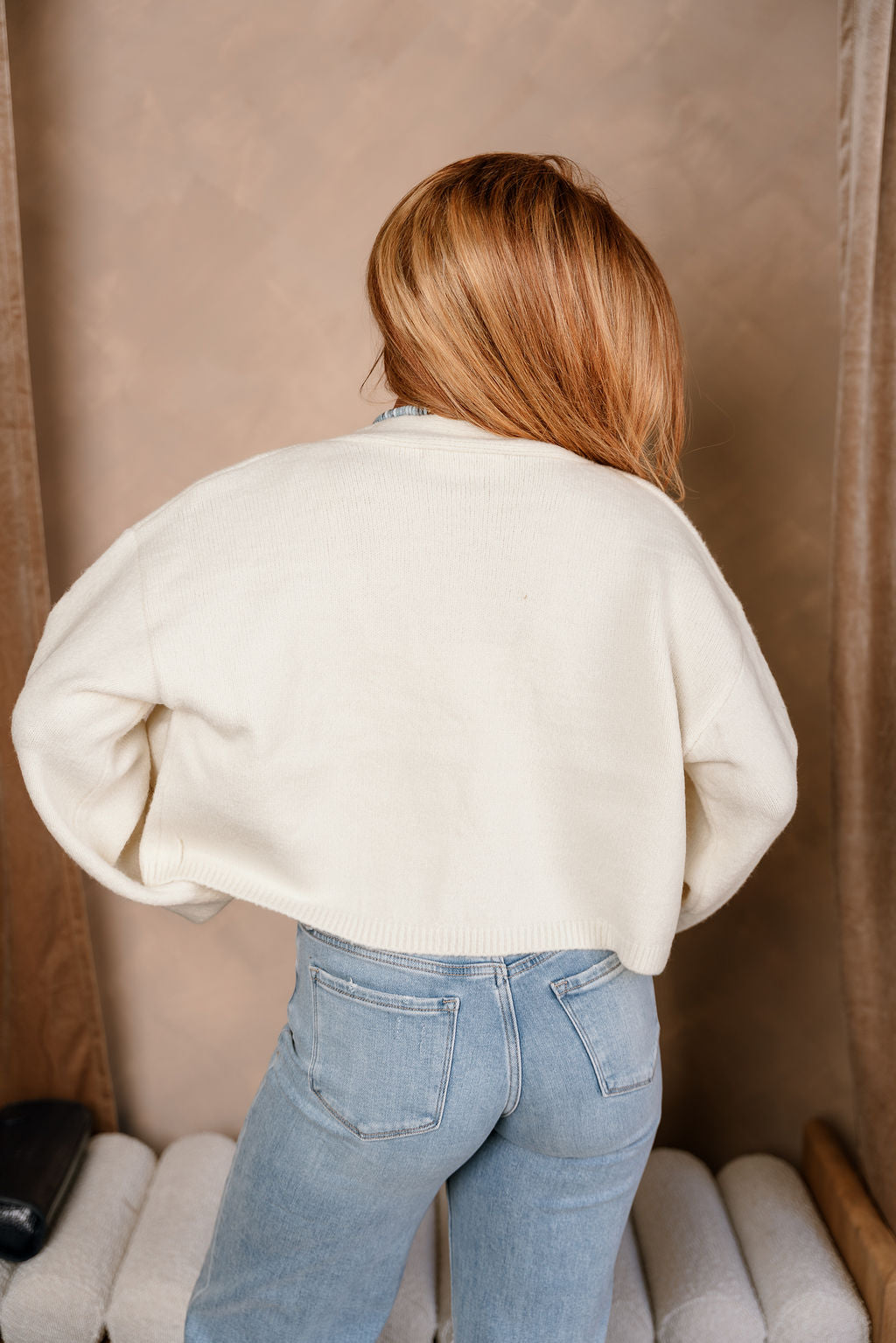 Brynn Cream Knit Open Cardigan- close up back top view