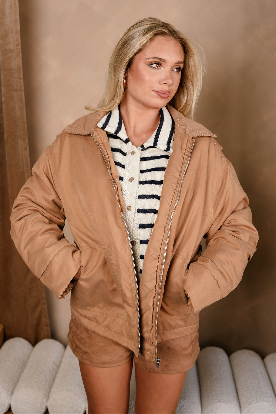 Mya Camel Brown Puffer Jacket- front top view
