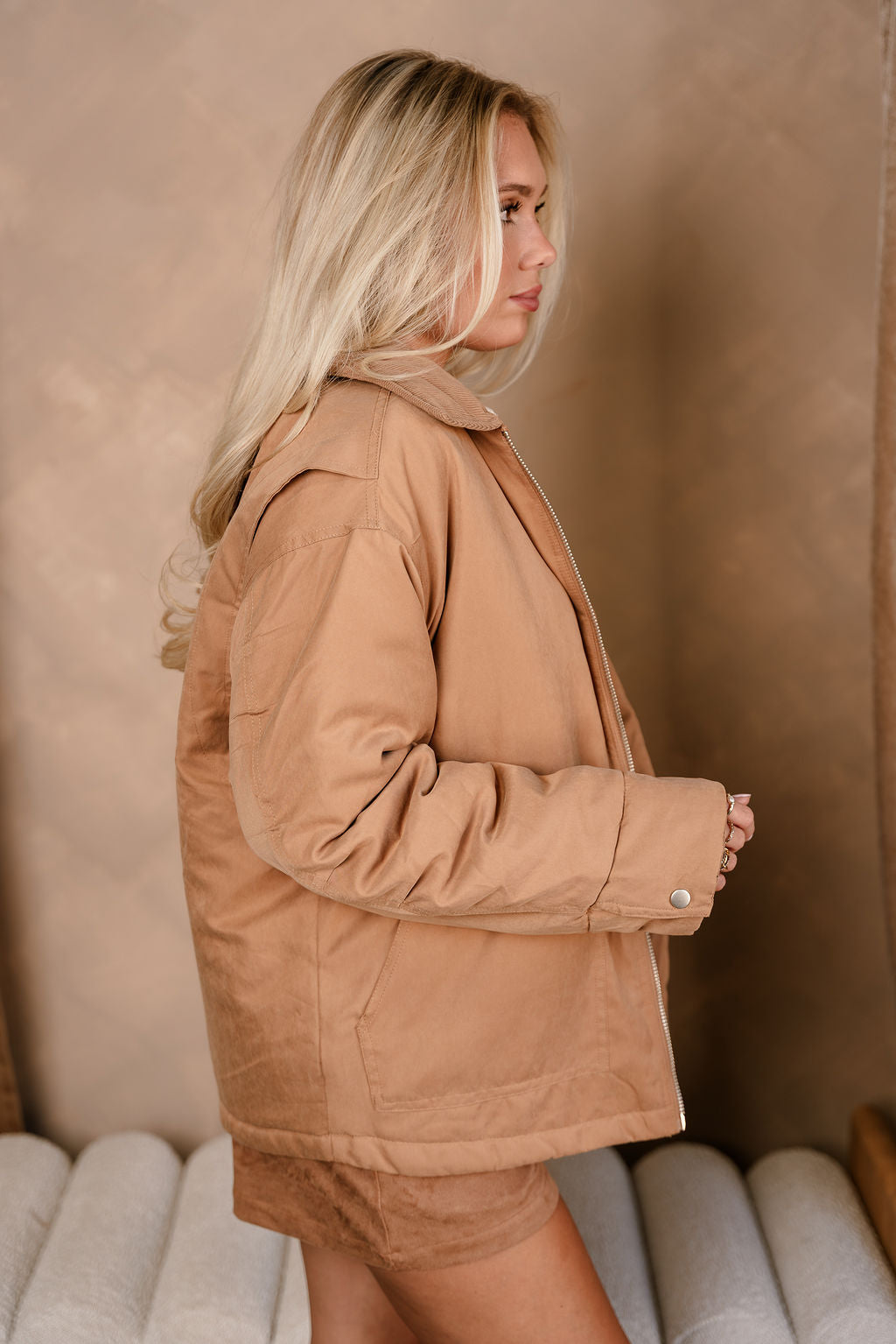 Mya Camel Brown Puffer Jacket- close up back side view